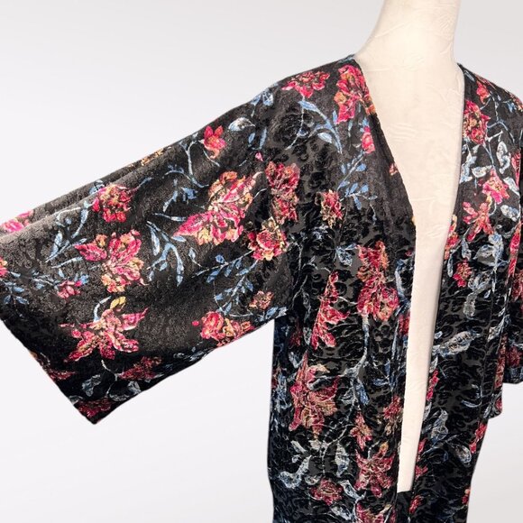 Monteau Black Pink Blue Crushed Velvet Floral Burnout Kimono Jacket Small - Picture 7 of 10